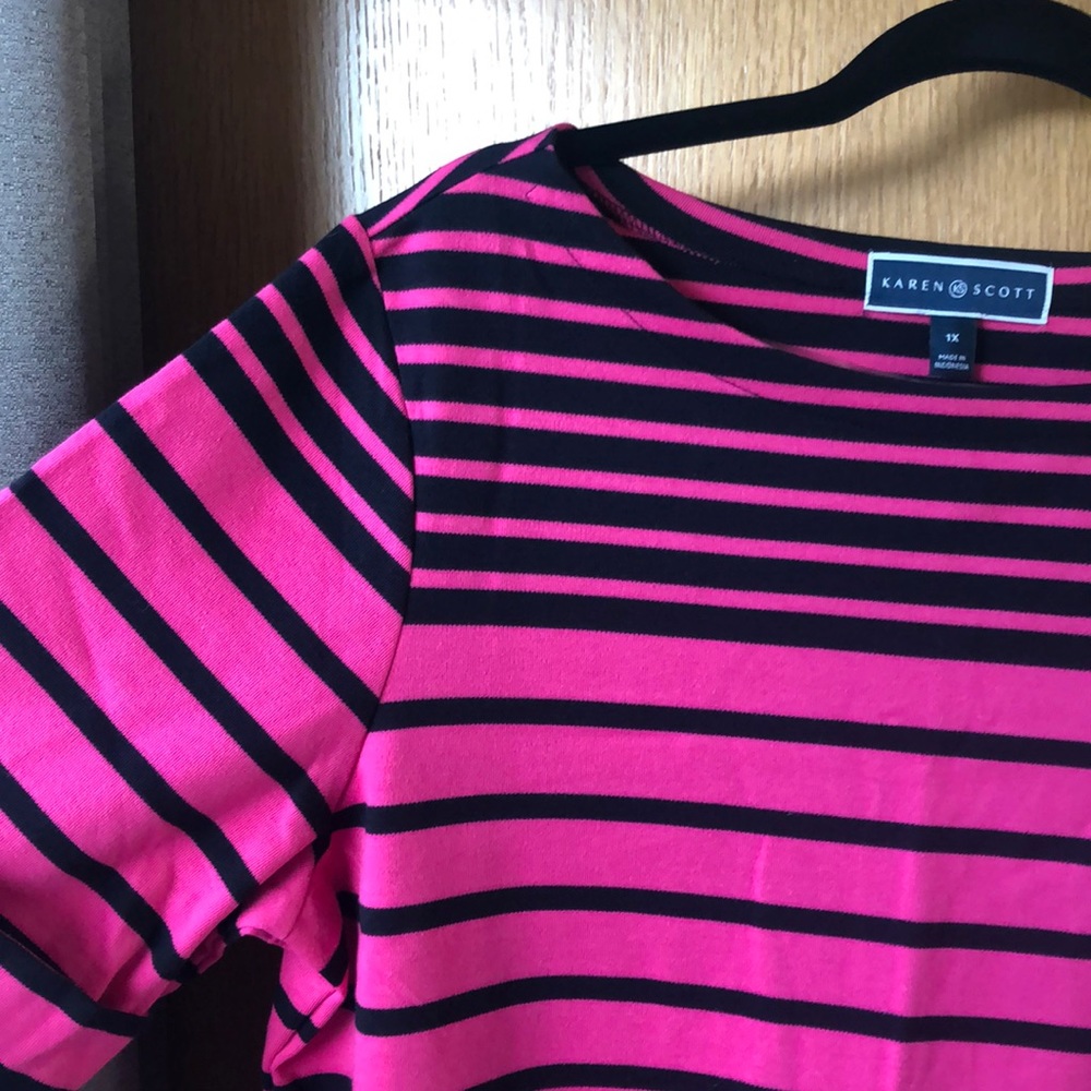 Karen Scott pink and black striped shirt. Size 1X